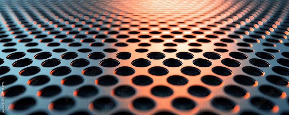Poster Metallic abstract background concept. Abstract close-up of textured metallic surface with circular perforations and gradients.