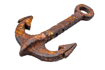 A weathered, rust-covered anchor showcasing its traditional design and aged texture.