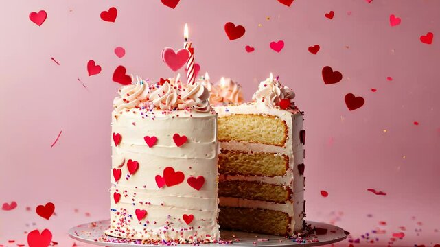 Festive valentine's day cake with heart decorations and sprinkles on pink background for love celebration concept