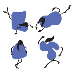 Abstract girl in blue dress with various gesture and pose illustration set isolated on square white background. Simple flat doodle art styled drawing.