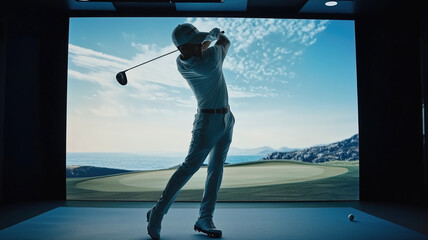 professional male golfer playing golf indoors in a golf simulator with a training field screen



