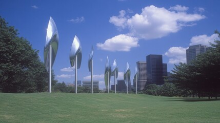 Modern Sculptures on Green Lawn Under Bright Blue Sky