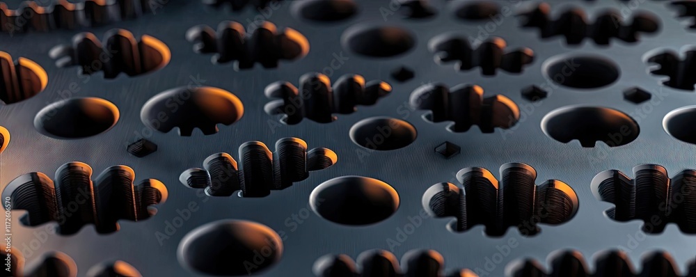 Poster Metallic abstract background concept. Close-up view of textured metal surface with varied patterns and shadows.
