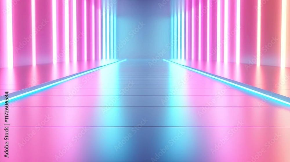 Poster Splash abstract background concept. A vibrant neon hallway with colorful lights creating a futuristic atmosphere.