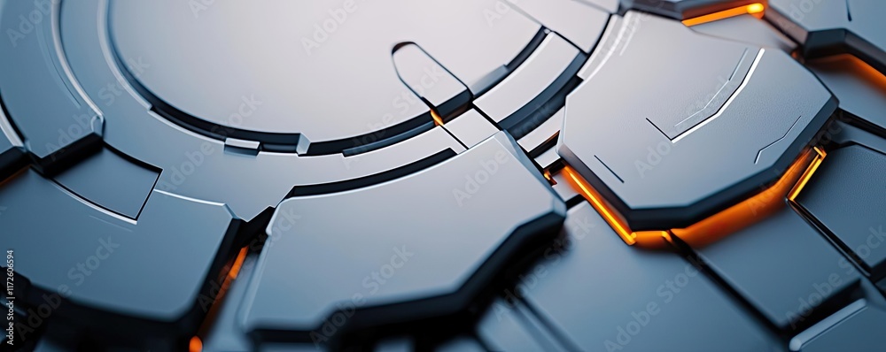 Poster metallic abstract background concept. futuristic metal surface with intricate patterns and glowing o
