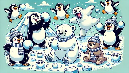 Penguins vs Polar Bears Snowball Fight
