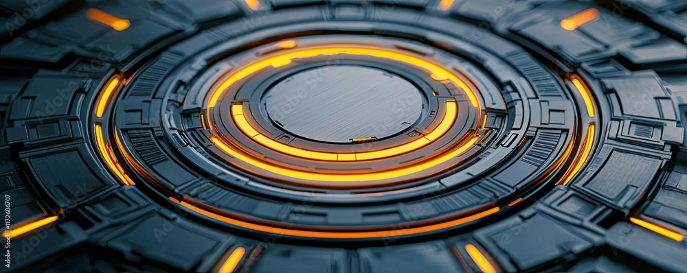 Poster Metallic abstract background concept. Futuristic circular interface with glowing orange lines and sleek metallic design.