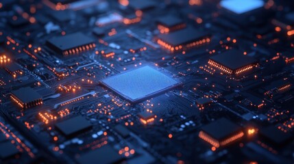 Obraz premium Close-up of a computer processor chip with glowing circuits. This image represents technology and innovation. 