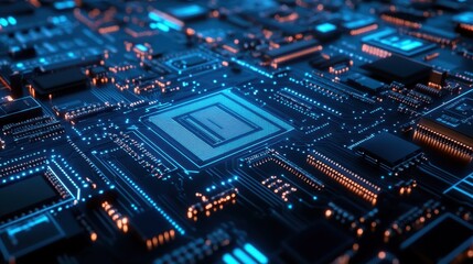 Obraz premium Close-up of a computer processor chip with glowing circuits. This image represents technology and innovation. 