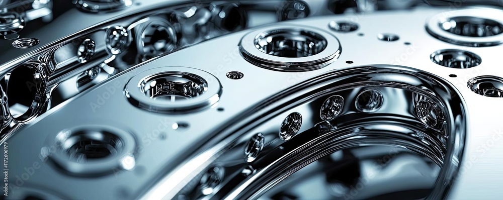 Poster Metallic abstract background concept. Close-up view of intricate metallic gears and components reflecting light.