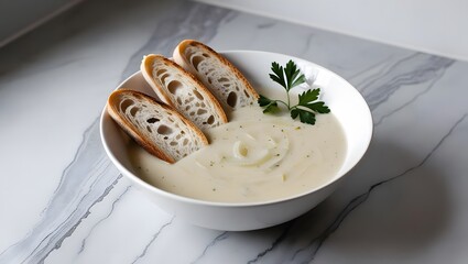 Cozy Creamy Onion Soup with Toasted Bread & Parsley Garnish, Served on Marble. Perfect comfort food!