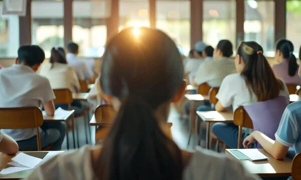 Teenagers in a class taking a test
