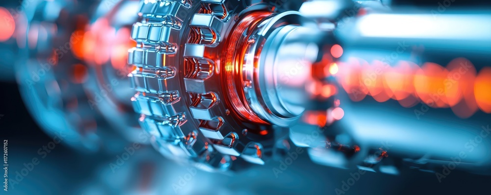 Poster Metallic abstract background concept. Close-up view of futuristic machinery with glowing elements and intricate details.
