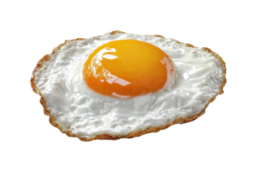 A fried egg with a glossy yolk and lightly browned edges, showcasing its appetizing texture and color.