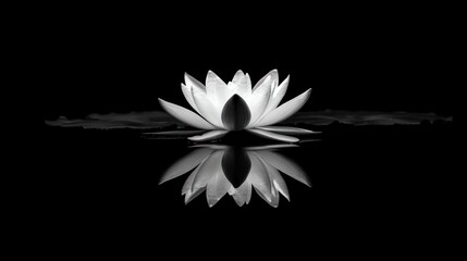 Monochrome close-up of a water lily floating on dark water, perfectly reflected.
