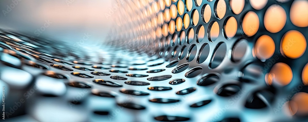 Poster Metallic abstract background concept. Abstract close-up of a metallic surface featuring circular perforations and warm light.