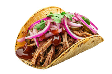 Obraz premium A flavorful taco filled with shredded meat, topped with onions, cilantro, and a rich sauce, all wrapped in a warm tortilla.