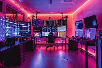 A cybersecurity server room glowing with LEDs, featuring encrypted data protection displays on monitors.
