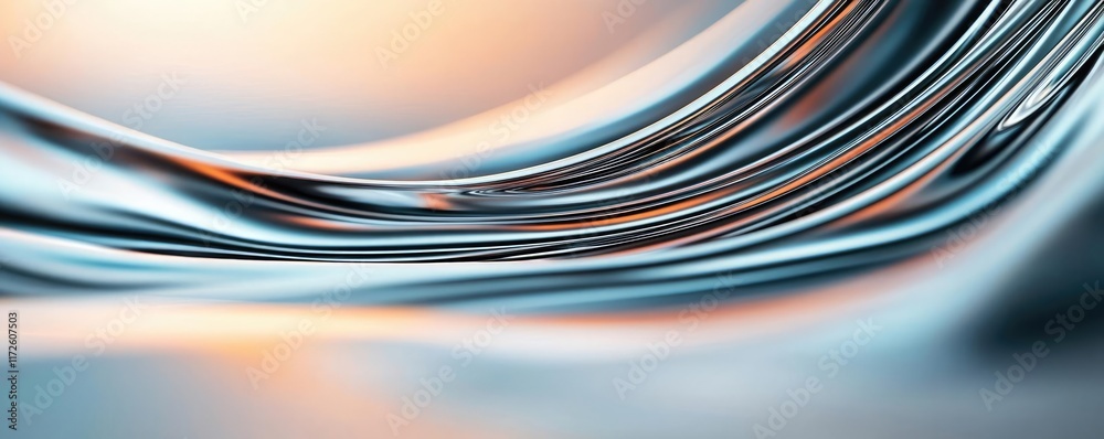 Poster Metallic abstract background concept. Abstract flowing shapes creating a beautiful gradient in subtle hues of blue and orange.