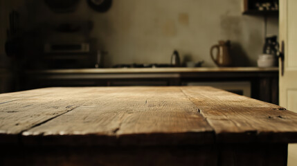 minimalist wooden table in softly blurred kitchen setting creates warm and inviting atmosphere. rustic texture of wood contrasts beautifully with soft background