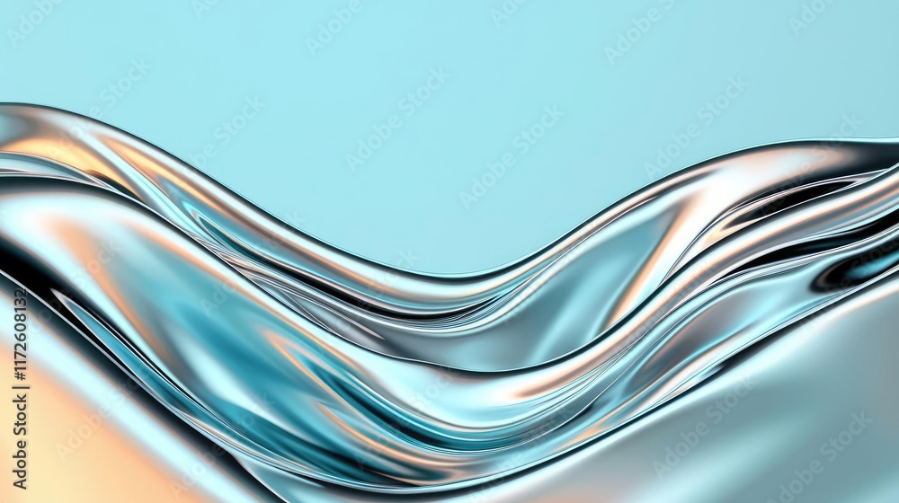 Poster Waves abstract background idea. Abstract fluid shapes in shades of blue and silver creating a serene visual experience.