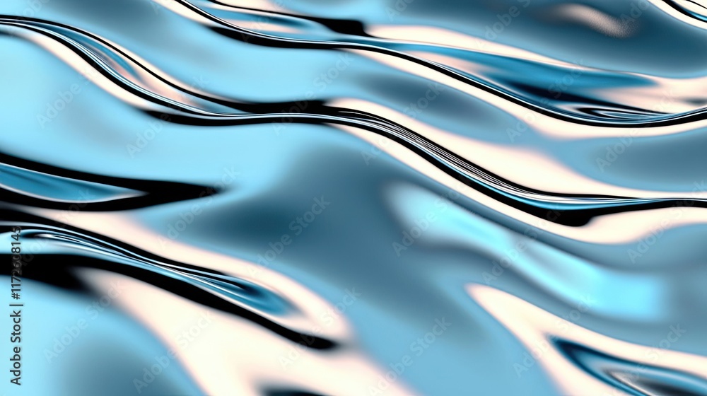 Poster Waves abstract background idea. An abstract representation of flowing water with smooth, wavy patterns and reflections.