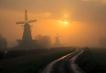 Obraz premium Mystical Dawn Breaks Over Windmills in a Foggy Landscape by a Winding Road