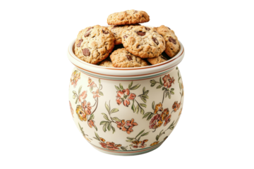 A decorative cookie jar filled with chocolate chip cookies, showcasing an elegant floral design.