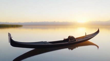 Obraz premium A serene gondola gliding across a calm lake at sunrise.