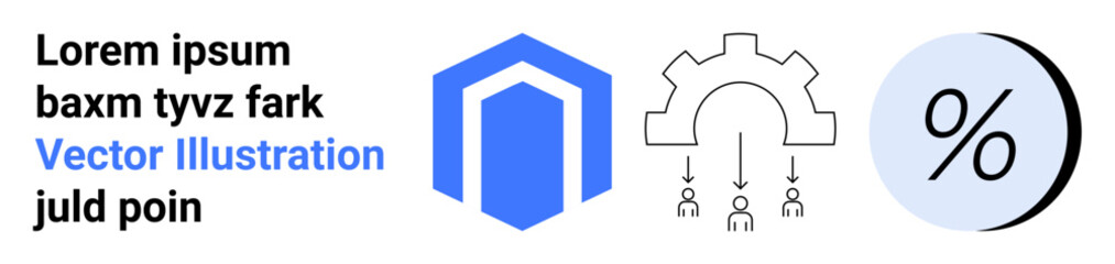 Blue hexagon shape, gear with downward arrows, percentage symbol. Ideal for business strategies, data analysis, financial reports, marketing plans, progress tracking, efficiency tools