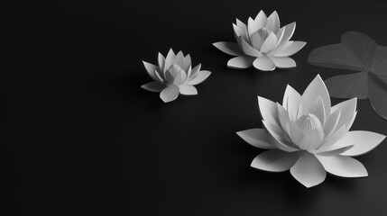 Elegant white lotus flowers on a dark background, minimalist design.
