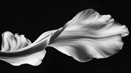 Abstract black and white image of a flowing, fabric-like white petal or leaf against a dark background.