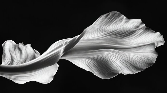 Fototapeta Abstract black and white image of a flowing, fabric-like white petal or leaf against a dark background.