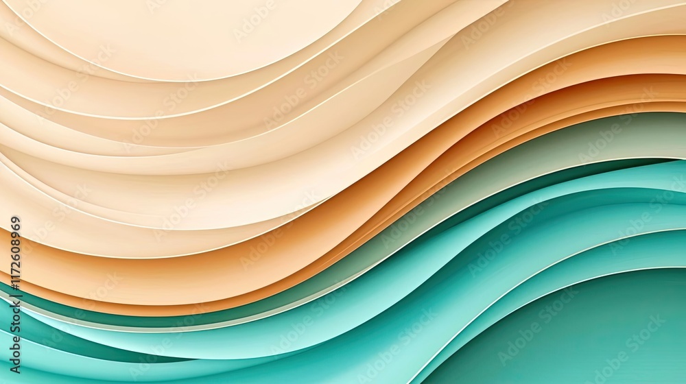 Poster Waves abstract background idea. Abstract layered design showcasing smooth waves in soft color gradients.