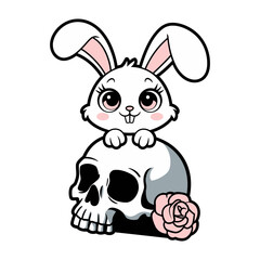 Cute Bunny on Skull with Rose Illustration