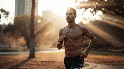 Shirtless male athlete jogging through a park, basking in the warm glow of golden hour sunlight, embodying fitness and vitality