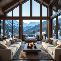 Cozy Mountain Cabin Interior with Panoramic Snowy Landscape Views