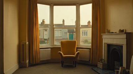 A vacant room with yellow curtains and an armchair, overlooking a quiet street.