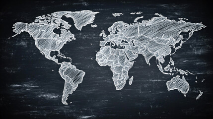 Chalk world map on blackboard, textured background, for education/presentation