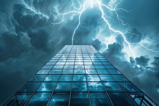 A lightning protection system installed on the rooftop of a tall glass skyscraper, with storm clouds above.