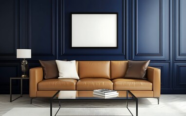 Tan leather sofa in elegant navy room;  modern interior design mockup.