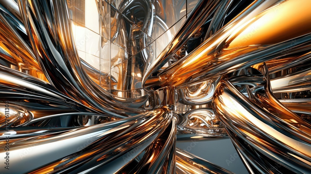 Poster Metallic abstract background concept. Futuristic abstract metallic structure with smooth curves and reflections.