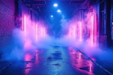 Obraz premium Atmospheric Dark Empty Street with Abstract Blue Mist and Neon Lights Capturing the Essence of Urban Nightlife in a Modern Setting