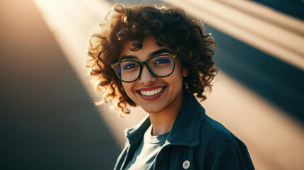 Portrait of a cheerful young woman with curly hair and eyeglasses smiling brightly outdoors in sunlight
