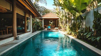Fototapeta premium Luxury Tropical Villa with Private Pool and Lush Garden