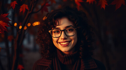 Portrait of a cheerful young woman wearing eyeglasses, enjoying the magical atmosphere of autumn at dusk, surrounded by colorful foliage