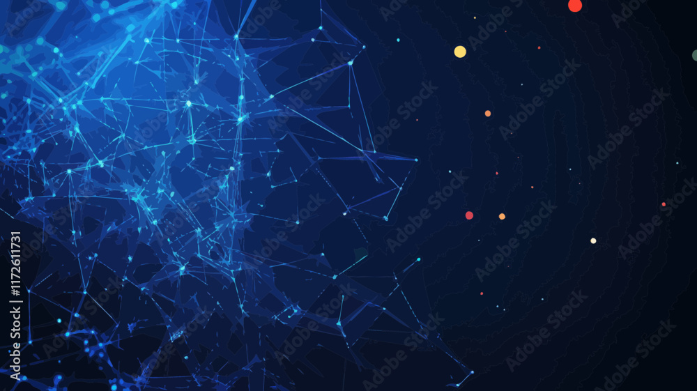 Poster abstract polygonal network mesh with glowing particles and plexus effect in dark blue - artificial i