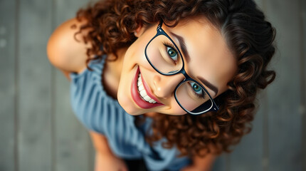 High angle view capturing a cheerful young woman with curly hair and eyeglasses, smiling radiantly with a joyful expression