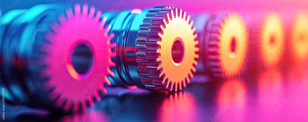 Poster metallic abstract background concept. colorful gears in a row highlighted with vibrant lights for in