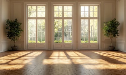 Obraz premium empty room with wood flooring and windows that open, Generative AI 